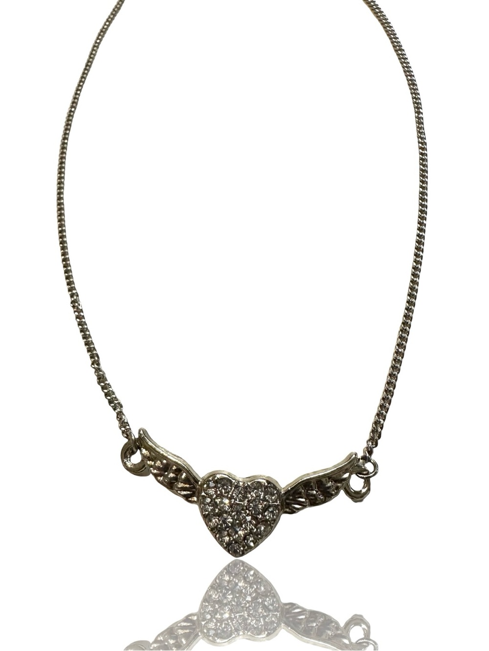 Vintage Silver Heart and Wing Pendant Necklace with Clear Crystals